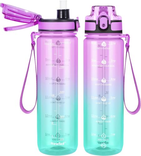 32oz Water Bottle w/Detachable Straw Motivational Time Marke Tritan BPA Free Jug