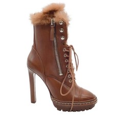 Donna Karan Lug Sole Fur Trimmed Stiletto Lace Up Combat Ankle Boot Size Us 7.5