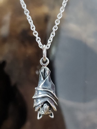 Bat Pendant Necklace 925 Silver Realistic Curse Nosferatu Vampire 18" Chain Box - Picture 5 of 24