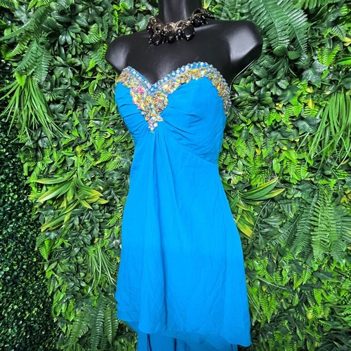 Bibian Dress Women Small Blue Formal Gown Hi Low Hem Beaded Sequin Accent 1076 - Picture 3 of 4