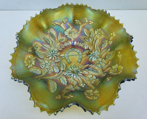 Northwood Carnival Glass Good Luck Bowl GREEN 9" Antique Early Variant - Picture 15 of 24