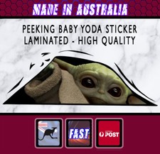 Baby Yoda Grogu CAR PEEKING Sticker ORIGINAL ART. Print sticker CUTE JEDI 220MM