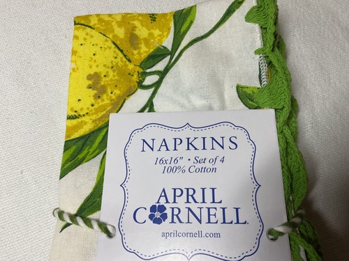 APRIL CORNELL DINNER NAPKINS (4) LEMONS YELLOW GREEN 100% COTTON NIP - Picture 1 of 2