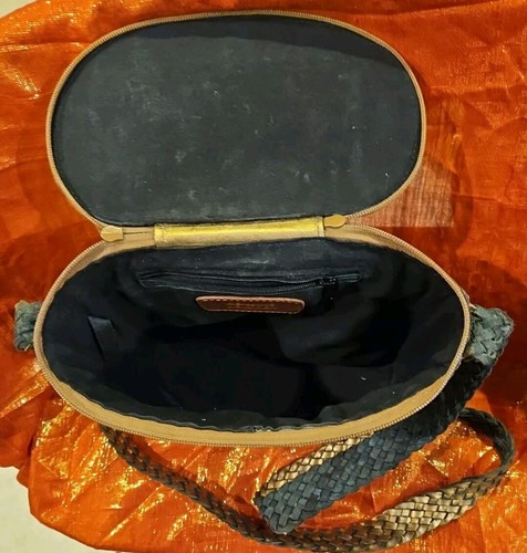 Vtg CEM Gold & Bronze Leather Basketweave Bucket Basket Crossbody Purse - Picture 5 of 11