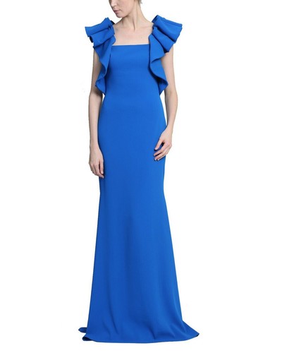 NEW BADGLEY MISCHKA RUFFLE SHOULDER GOWN DRESS SIZE 4 $750 OCEAN BLUE NORDSTROM - Foto 1 di 2
