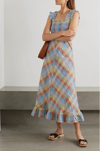 GANNI Seersucker Check Long Dress Multi Size 34 Size UK6 - Picture 2 of 17