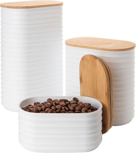 3 Pcs White Canisters Set with Bamboo Lids, Airtight for Coffee, Sugar, Decor. - Picture 8 of 12