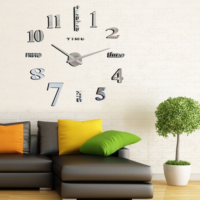 Modern Diy Large Wall Clock Kit 3d Mirror Surface Sticker Home Office Room Decor 6 Silver