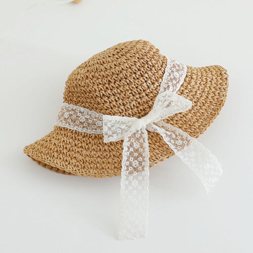Toddler Girls Kids Summer Straw Hat Visor Foldable Beach Sun Hat with Lace Bow - Picture 5 of 14