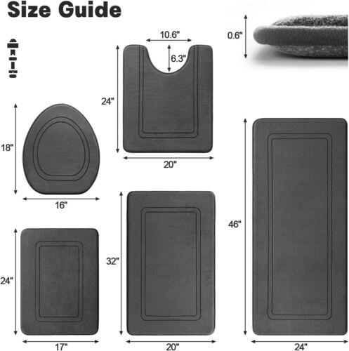 5-Piece Dark Grey Non-Slip Bath Mat Set - Machine Washable & Durable Memory Foam - Picture 7 of 9