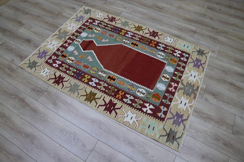 Alfombra roja vintage 4x6 alfombra turca anudada a mano tribal Kelim Oushak étnica Kelim - Imagen 3 de 10