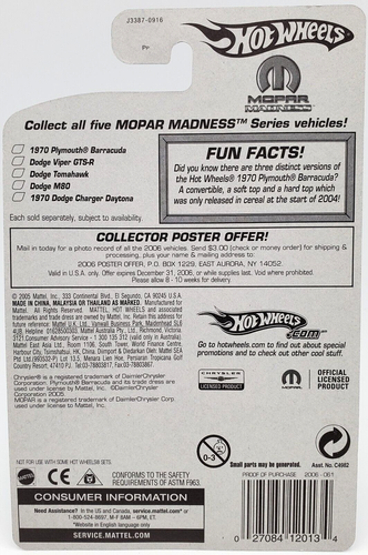 1970 PLYMOUTH BARRACUDA Blue 2006 Hot Wheels #61 Mopar Madness Mattel - Picture 7 of 7