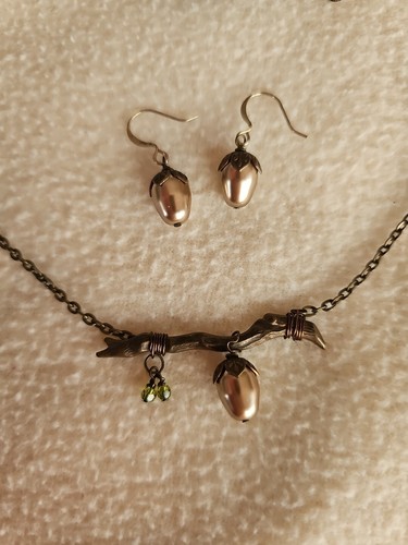 Vintage Necklace & Earrings Set Copper Color Acorns & Twig Green Beads 18" OOAK - Picture 1 of 12