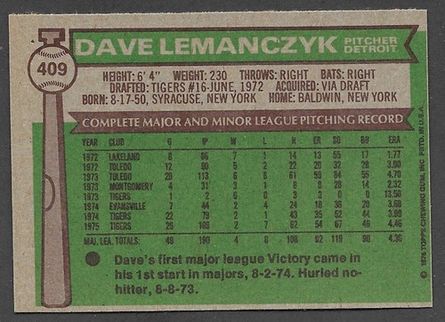 1976 Dave Lemanczyk Detroit Tigres Topps #409 ex como nuevo+ A - Imagen 2 de 2