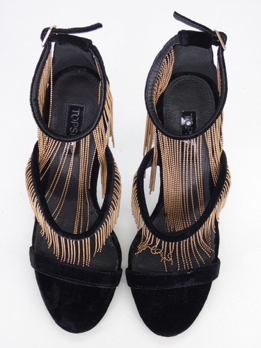 Topshop Sandals Fringed Chain Heels Velvet Black Party Barely There size UK 4 - Picture 15 of 16