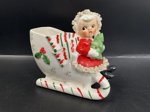 Vintage Christmas Napco Ceramic Candy Cane Sleigh Girl With Tree Spaghetti Trim - Picture 2 of 18