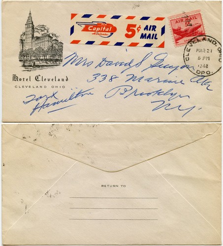 CAPITAL AIRLINES ETIQUETTE AIRMAIL HOTEL ADVERTISING 1948 DPO CLEVELAND USA GB - 第 1/3 張圖片