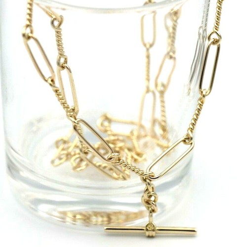 Handmade Genuine 55cm  9ct Yellow Gold Paper Clip Chain Necklace with T-Bar   - Afbeelding 17 van 18