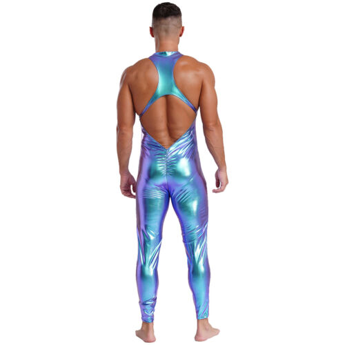 Men Patent Leather Jumpsuits Wet Look Liquid Stretchy Tights Bodysuit Leotard - Picture 10 of 53