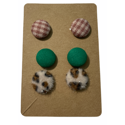 Fabric Covered Button Earring Stud Set Green Brown