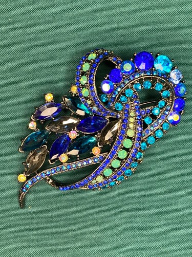 VTG Joan Rivers Brooch Pin Large Ribbon Swirled Blue Aqua Faceted Rhinestones - Bild 7 von 17
