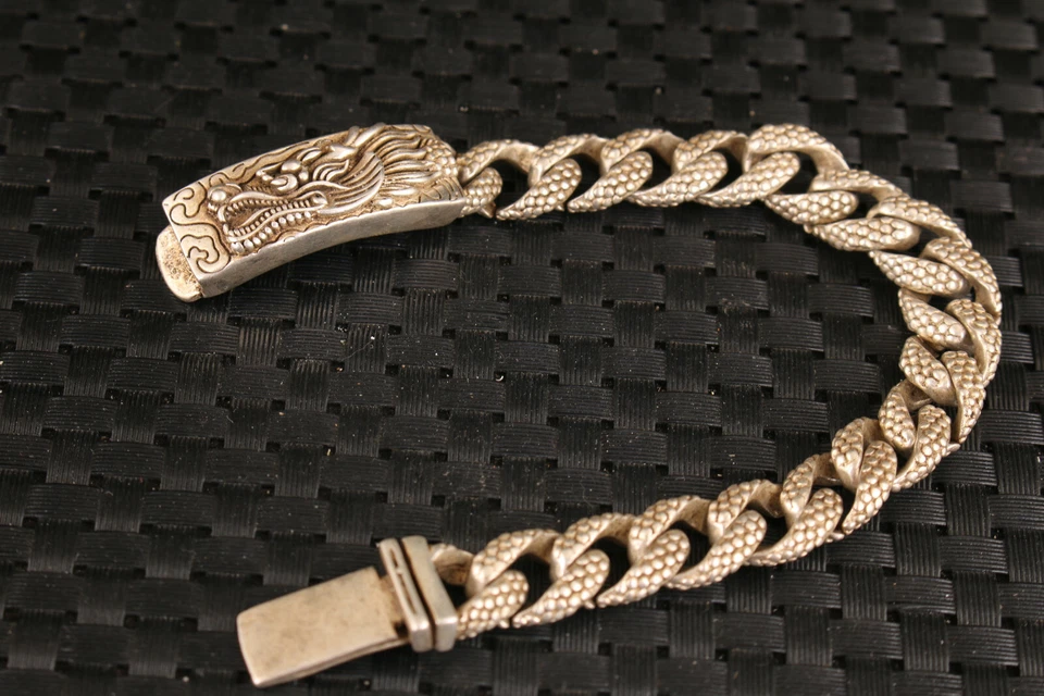 Cool Chinese tibetan silver dragon Statue bracelet man boy jewel gift - Image 2 of 4