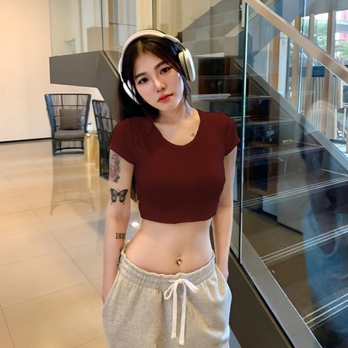 Tight Short Style T-Shirt Women's Versatile Short Sleeve Pure Color Sexy Shirt ≈ - Picture 4 of 17