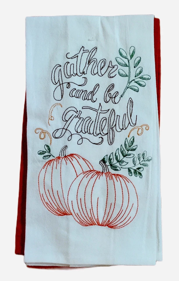 Juego de 6 toallas de plato de otoño de acción de gracias hojas de calabaza de pavo bordadas lisas Foto 2 de 4