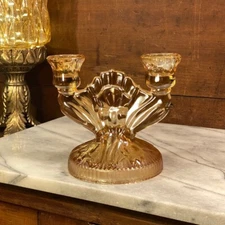 Jeannette Marigold Peach Carnival Glass Iris & Herringbone Double Candle Holder