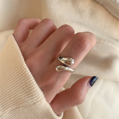 Fashion 925 Silver Waterdrop Irregular Metal Smooth Ring Open Ring Women Jewelry