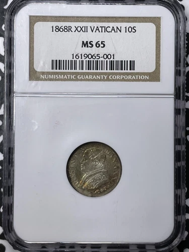 1868-R Papal States 10 Soldi NGC MS65 Lot#G7023 Silver! Gem BU!