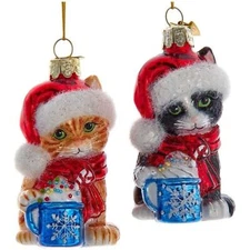 Kurt Adler Noble Gems Glass Kitten W/ Hot Cocoa Ornaments, Assorted (Pack of 2)
