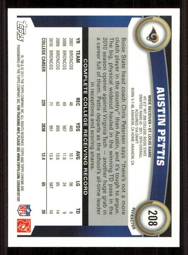 2011 Topps Chrome Refractors #208 Austin Pettis - Picture 2 of 2
