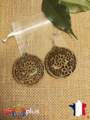 Boucles d'oreilles Flower en bois d'Acajou Brésilien et Argent 925 - Photo 1/2