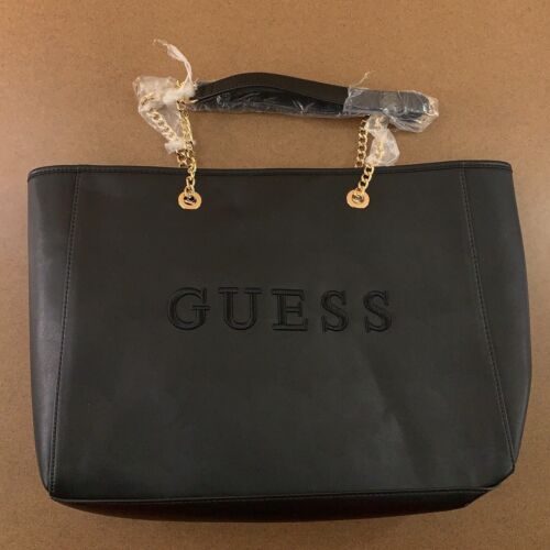 GUESS Womens 15" x 12" Black Faux Leather Embroidered Logo Large Tote Bag New