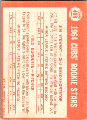 1964 Topps #408 Cubs 1964 estrellas novatas (Jim Stewart / Fred Burdette) *En muy buen estado* - Imagen 2 de 2
