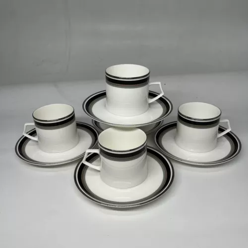 Vtg Mikasa Bone China Noir Onyx Cup Saucer Coffee Tea Japan Gold Trim Set Of 5