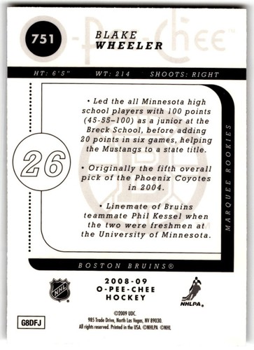 2008-09 O-Pee-Chee Metal Blake Wheeler Rookie #751 Boston Bruins - Picture 2 of 2