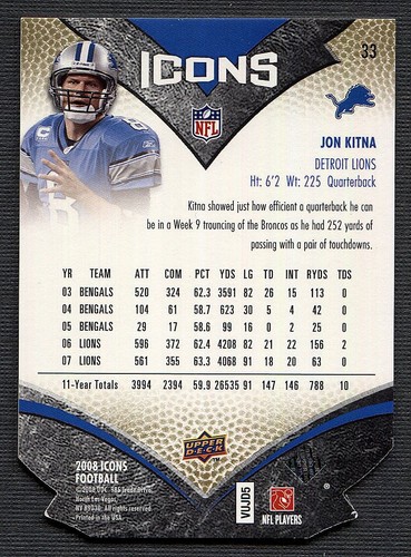 2008 Upper Deck Icons Silver Die Cut #33 Jon Kitna /150 - Picture 2 of 2
