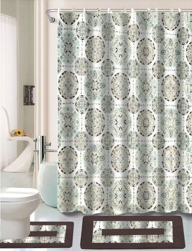 NEW COUNTRY STYLE BATHROOM SHOWER CURTAIN MATCHING BATH MAT COUNTOUR RUG SET - Picture 18 of 31