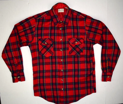 Vintage Plaid Flannel Shirt Men's Store Size M/L 70s Red Plaid with Blue Orange - Picture 2 of 10