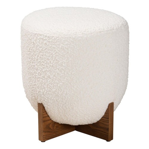 Japandi Ottomane Fußhocker Creme Boucle Stoff Nussbaum Braun Indoor Modern Design - Bild 3 von 8
