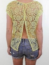 SALE❀ڿڰۣ❀ NEXT Lime Yellow Green SHEER CROCHET LACE Ladies CAP SLEEVE BLOUSE TOP