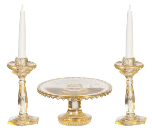Kit NOS Chrysnbon Cake Plate /& 2 Candlesticks w// Candles CLEAR
