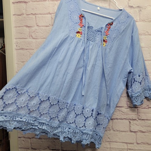 Blau bestickte Blumen Tunika Bluse Übergröße 4X Hippie Spitze Boho fließend Küste - Bild 6 von 8