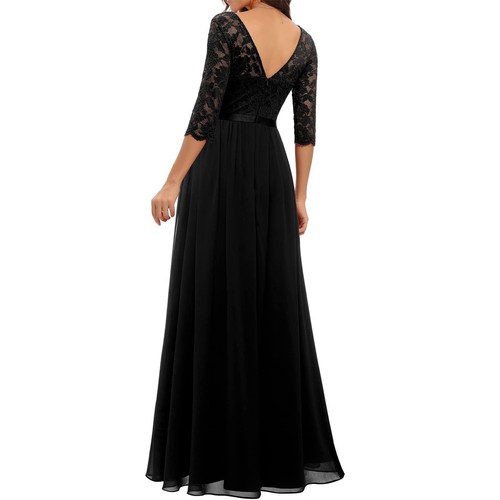 Women's dress lace 3/4 sleeves A line long evening dress cocktail dress black M - Picture 4 of 5