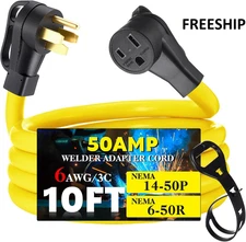 10FT 50A Welder Extension Cord NEMA 14-50P to 6-50R Adapter 250V ETL Listed