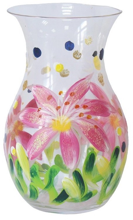 Hand Painted Colourful Lily Glass Vase 19cm Lilies Country Cottagecore Flowers
