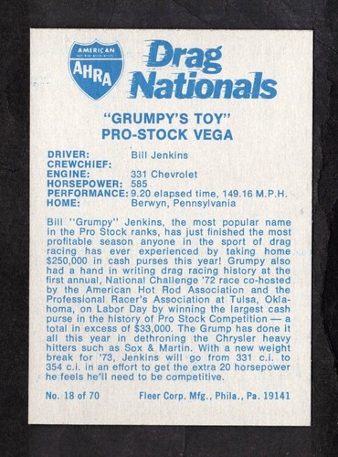 1972 Fleer AHRA Drag Nationals Cards    YOUR CHOICE    $1.09 Flat Shipping - Picture 69 of 553