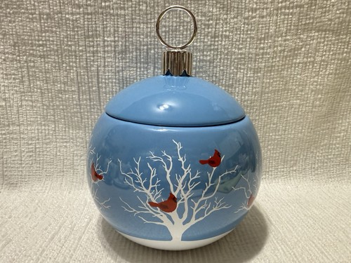 Hübsche Teleflora-blaue/verschneite Bäume/roter Kardinal-Kugel Ornament geformte Bonbonglas - Bild 4 von 11